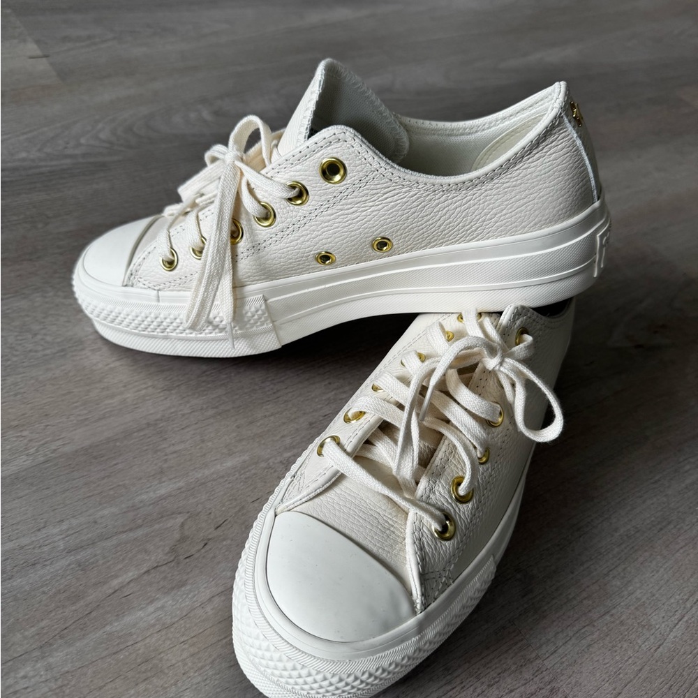 Converse White and Gold Sneakers Timeless Canvas Design Leather Platform